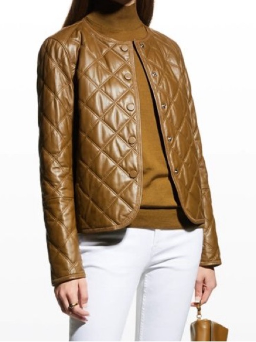 Lafayette 148 New York Quilted Lambskin Leather Jacket Brown Snap Front Size S